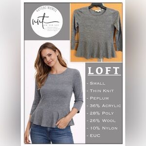 Gray Loft Knit Sweater Textured Stripes Flared Peplum Waist Size S Long Sleeve